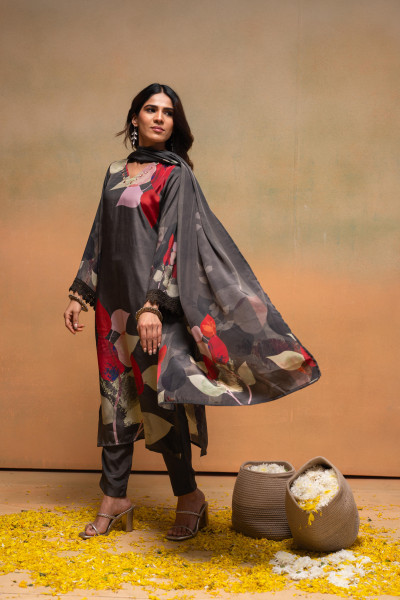 Olive Manmade Fiber Floral Printed Kurta With Pants & Dupatta Set With Sequence Work