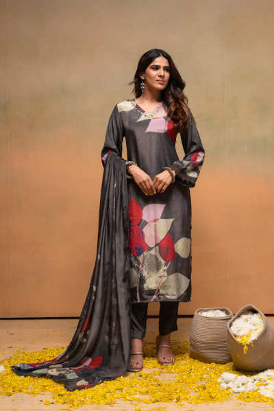 Olive Manmade Fiber Floral Printed Kurta With Pants & Dupatta Set With Sequence Work