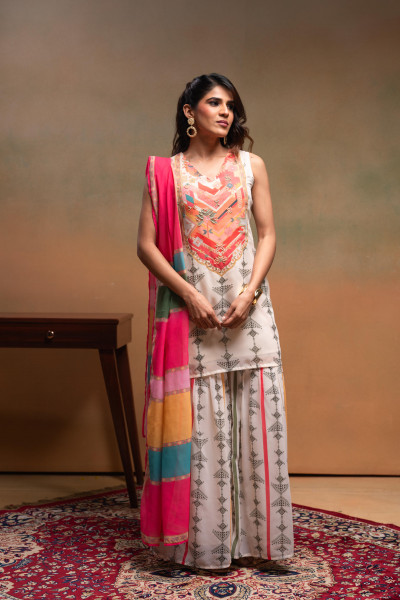 Ivory Manmade Fiber Floral Embellished Kurta With Sharara & Dupatta Set With Beads Work