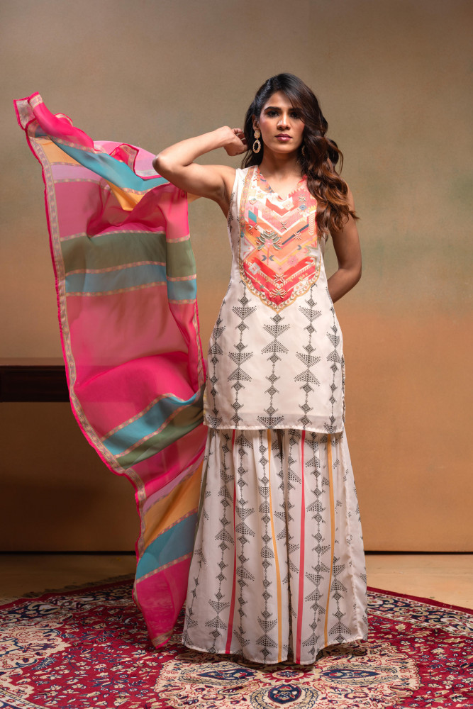 Ivory Manmade Fiber Floral Embellished Kurta With Sharara &amp; Dupatta Set With Beads Work