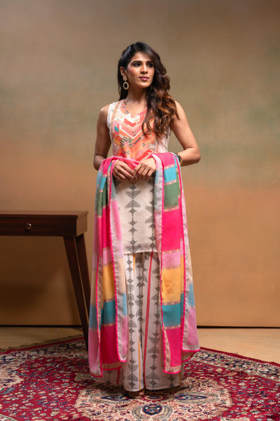 Ivory Manmade Fiber Floral Embellished Kurta With Sharara & Dupatta Set With Beads Work