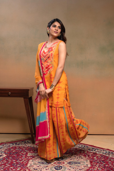 Mustard Manmade Fiber Floral Embellished Kurta With Sharara & Dupatta Set With Beads Work