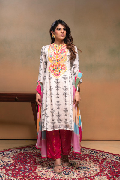 Ivory Manmade Fiber Ethnic A-Line Kurta With Pants & Dupatta Set With Mirror & Thread Work