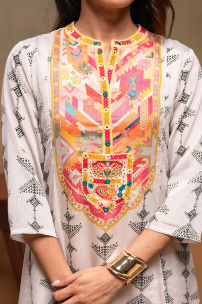 Ivory Manmade Fiber Ethnic A-Line Kurta With Pants & Dupatta Set With Mirror & Thread Work