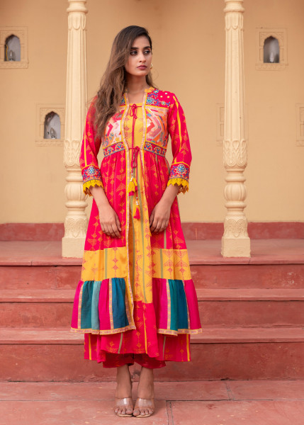 Fuchsia Manmade Fiber Ethnic Gathered Flared Longdress With Mirror & Thread Work