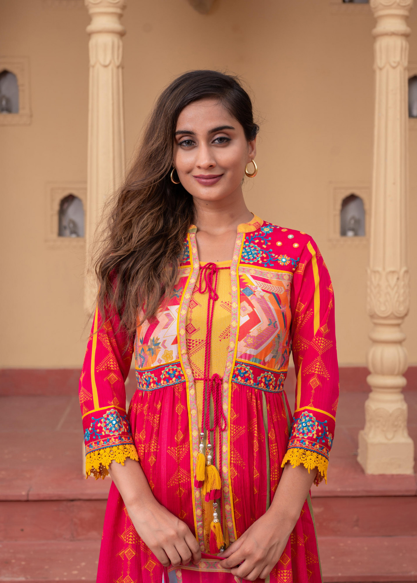 Fuchsia Manmade Fiber Ethnic Gathered Flared Longdress With Mirror & Thread Work