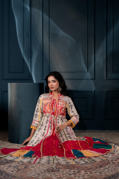 Ivory Manmade Fiber Ethnic Gathered Flared Longdress With Mirror & Thread Work