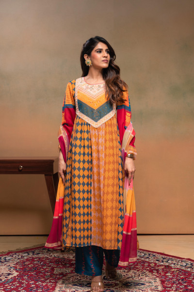 Mustard Manmade Fiber Ethnic Gathered Flared Kurta With Pants & Dupatta Set With Beads & Sequence Work