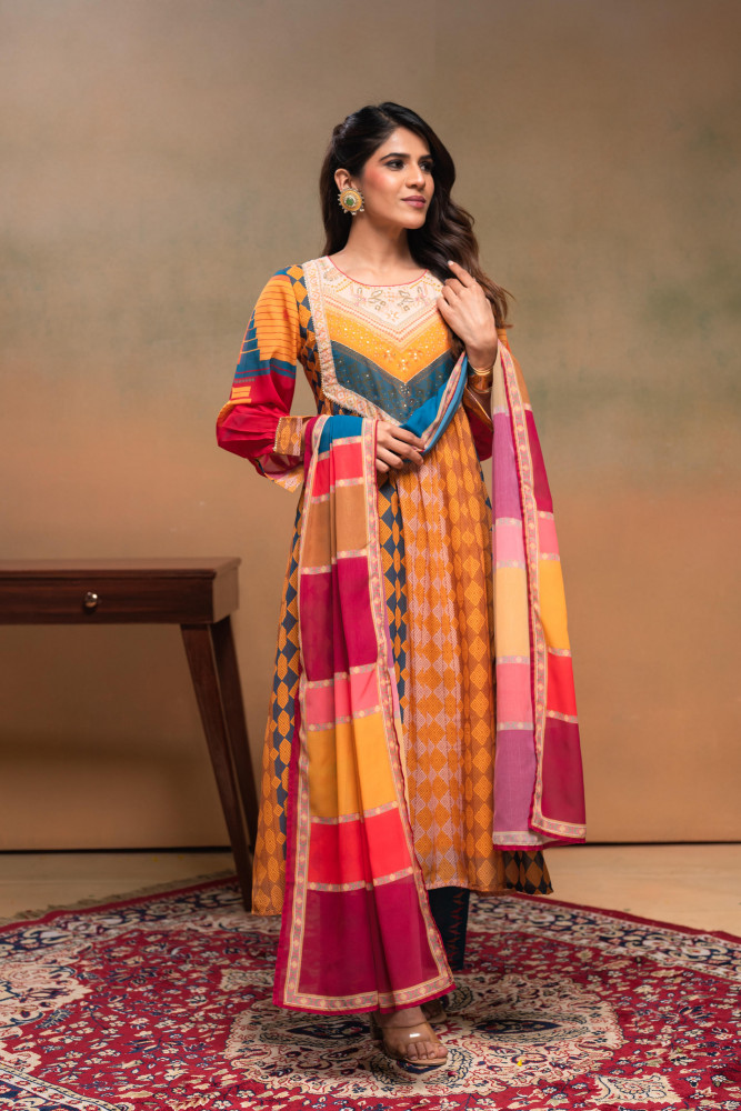 Mustard Manmade Fiber Ethnic Gathered Flared Kurta With Pants &amp; Dupatta Set With Beads &amp; Sequence Work