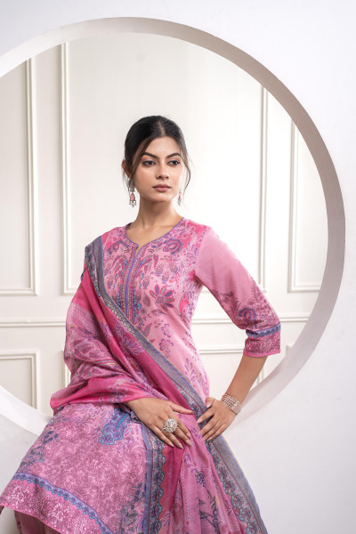 Lavender Floral Printed Kurta with Pant and Dupatta, Sequence & Beads Work