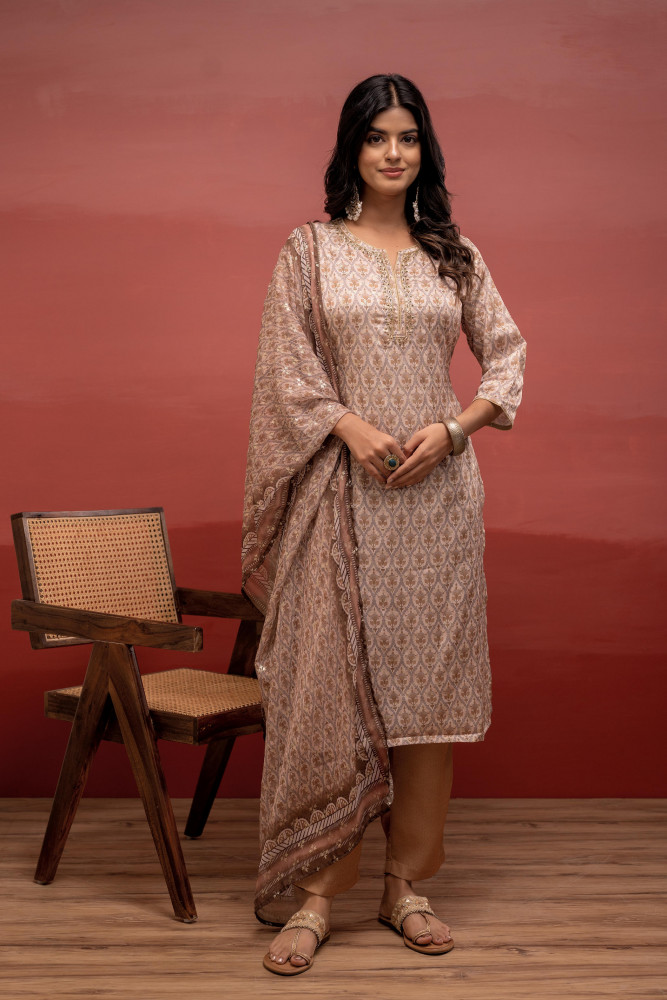 Beige Floral Printed Kurta with Pant and Dupatta, Beads Work