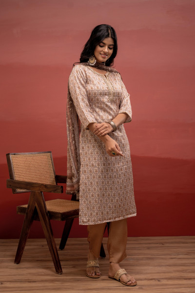 Beige Floral Printed Kurta with Pant and Dupatta, Beads Work
