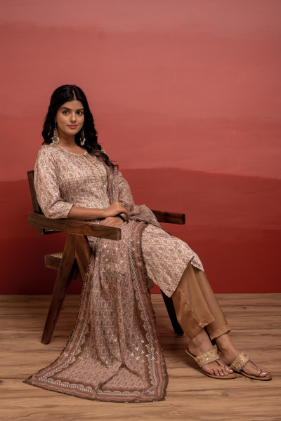 Beige Floral Printed Kurta with Pant and Dupatta, Beads Work
