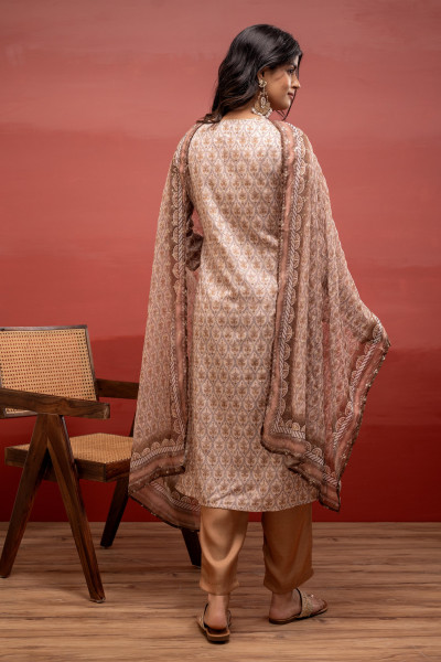 Beige Floral Printed Kurta with Pant and Dupatta, Beads Work