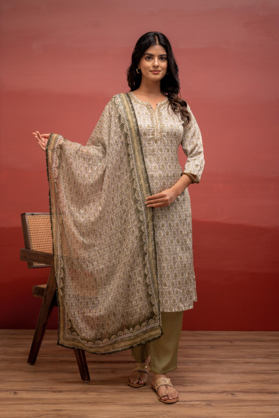 Green Floral Printed Kurta with Pant and Dupatta, Beads Work
