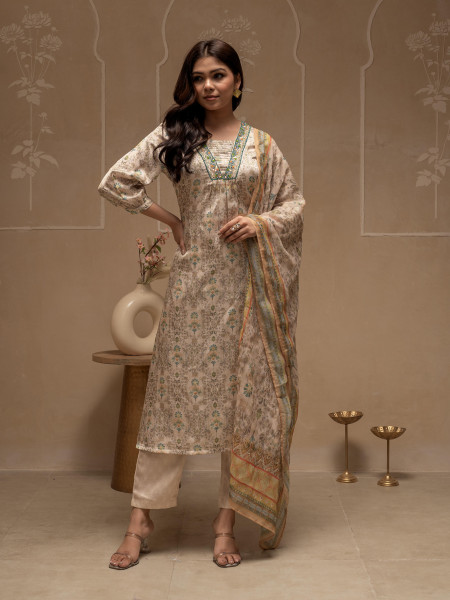 Manmade Fiber Ivory Embellished Kurta Pant Dupatta Set with Floral & Ethnic Motifs