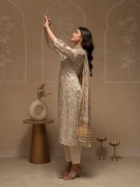 Manmade Fiber Ivory Embellished Kurta Pant Dupatta Set with Floral & Ethnic Motifs