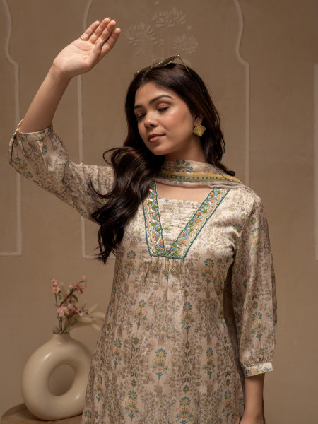 Manmade Fiber Ivory Embellished Kurta Pant Dupatta Set with Floral & Ethnic Motifs