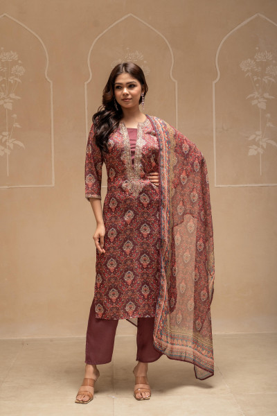 Manmade Fiber Brown Embroidered Kurta Pant Dupatta Set with Zari, Thared & Mirror Work