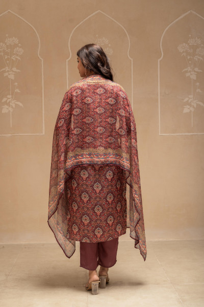 Manmade Fiber Brown Embroidered Kurta Pant Dupatta Set with Zari, Thared & Mirror Work