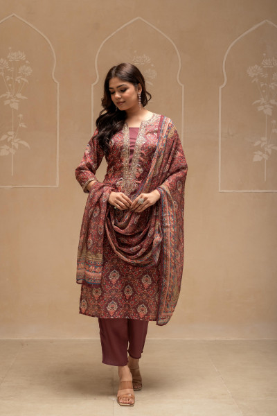 Manmade Fiber Brown Embroidered Kurta Pant Dupatta Set with Zari, Thared & Mirror Work
