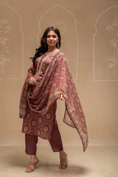 Manmade Fiber Brown Embroidered Kurta Pant Dupatta Set with Zari, Thared & Mirror Work