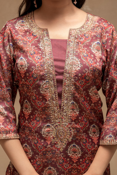 Manmade Fiber Brown Embroidered Kurta Pant Dupatta Set with Zari, Thared & Mirror Work