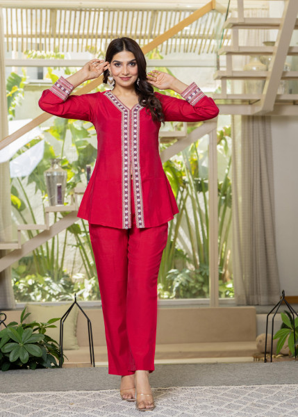 Red Embroidered V-Neck Co-ord Set with Straight Pants