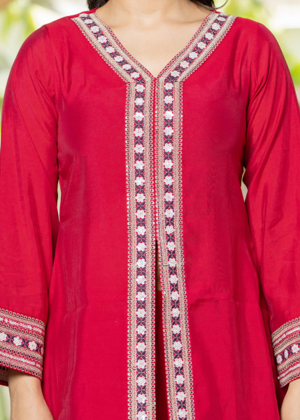 Red Embroidered V-Neck Co-ord Set with Straight Pants