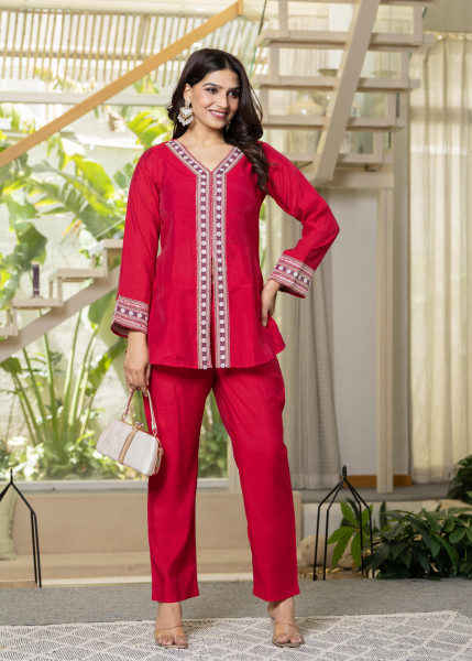 Red Embroidered V-Neck Co-ord Set with Straight Pants