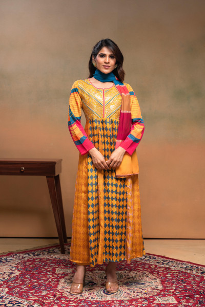 Manmade Fiber Mustard Embroidered Color Block Kurta Pant Dupatta Set with Mirror & Thared Work