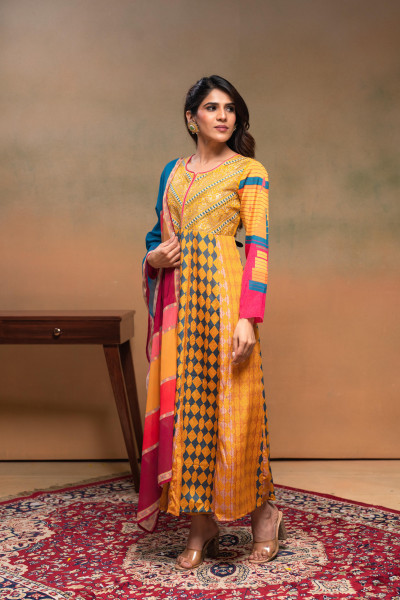 Manmade Fiber Mustard Embroidered Color Block Kurta Pant Dupatta Set with Mirror & Thared Work