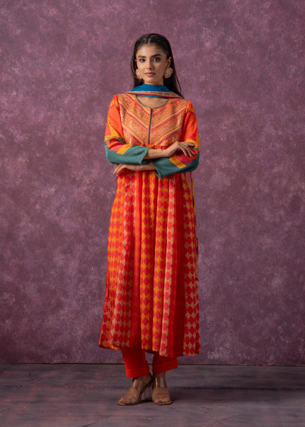 Manmade Fiber Orange Embroidered Color Block Kurta Pant Dupatta Set with Mirror & Thared Work