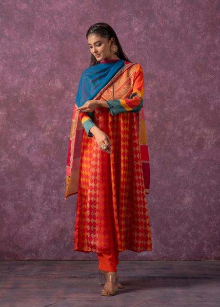 Manmade Fiber Orange Embroidered Color Block Kurta Pant Dupatta Set with Mirror & Thared Work