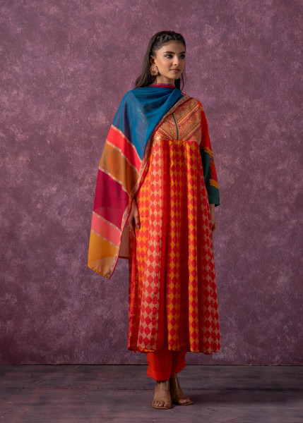 Manmade Fiber Orange Embroidered Color Block Kurta Pant Dupatta Set with Mirror & Thared Work
