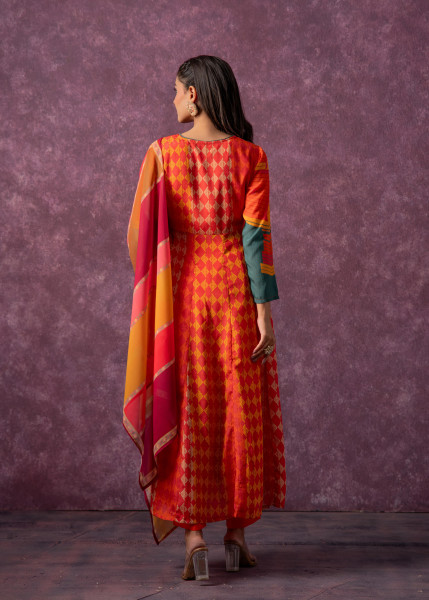 Manmade Fiber Orange Embroidered Color Block Kurta Pant Dupatta Set with Mirror & Thared Work