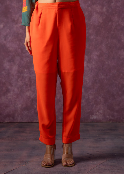 Manmade Fiber Orange Embroidered Color Block Kurta Pant Dupatta Set with Mirror & Thared Work
