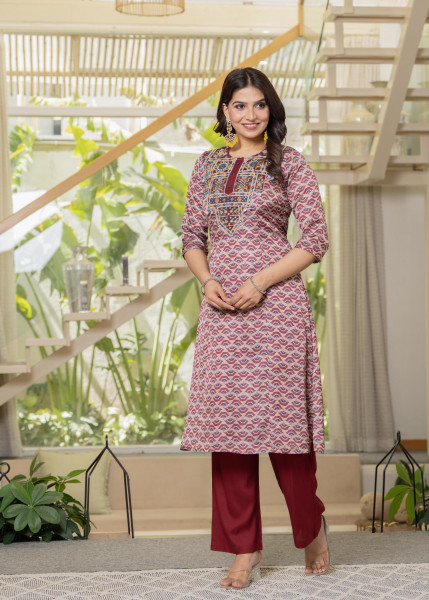 Ivory Floral Poly Kurta and Pants Set with Mirror, Thread Work and Telesales Detail