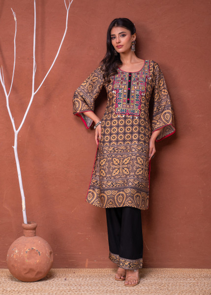 Polycotton Mustard Embroidered Kurta Pant Set with Mirror, Thared Work & Tassels