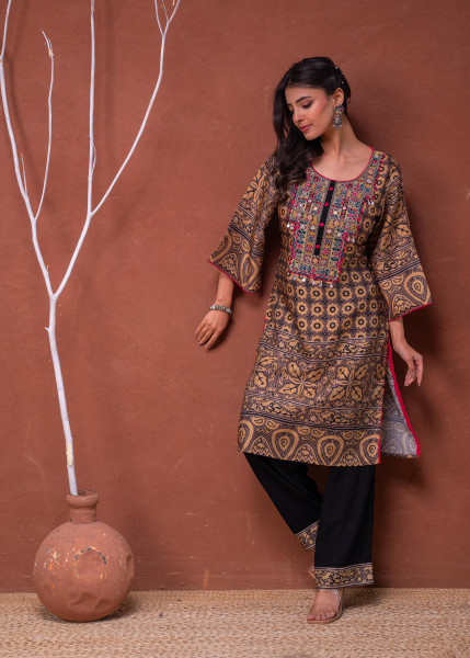 Polycotton Mustard Embroidered Kurta Pant Set with Mirror, Thared Work & Tassels