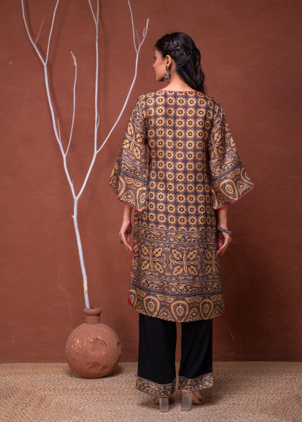 Polycotton Mustard Embroidered Kurta Pant Set with Mirror, Thared Work & Tassels