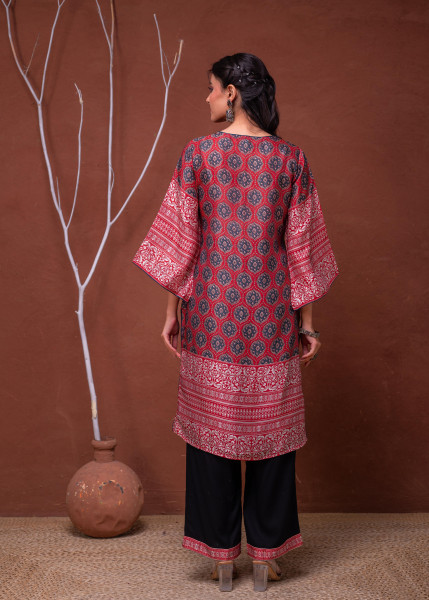 Polycotton Maroon Embroidered Kurta Pant Set with Mirror, Thared Work & Tassels