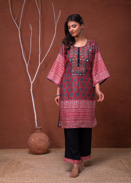 Polycotton Maroon Embroidered Kurta Pant Set with Mirror, Thared Work & Tassels