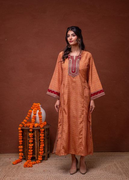 Mustard Embroidered A-Line Kurta with Mirror & Thread Work