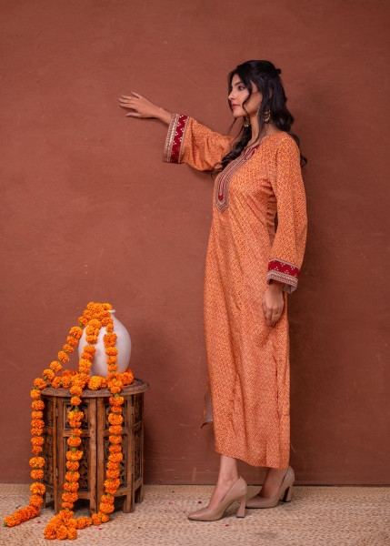 Mustard Embroidered A-Line Kurta with Mirror & Thread Work