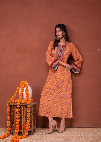 Mustard Embroidered A-Line Kurta with Mirror & Thread Work