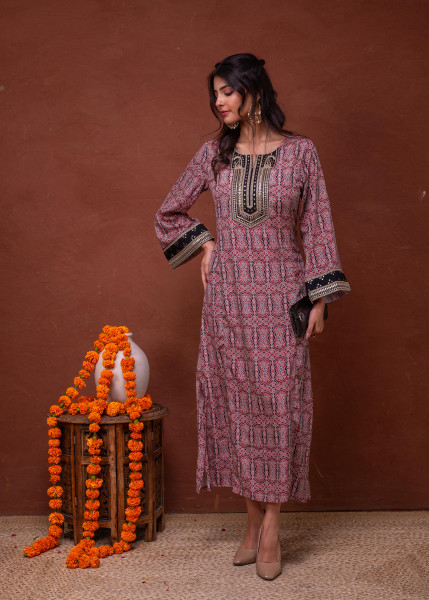 Black & Brown Ethnic Motif Embroidered Straight Kurta with Zari & Mirror Work