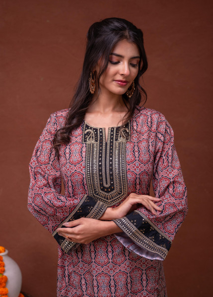Black & Brown Ethnic Motif Embroidered Straight Kurta with Zari & Mirror Work