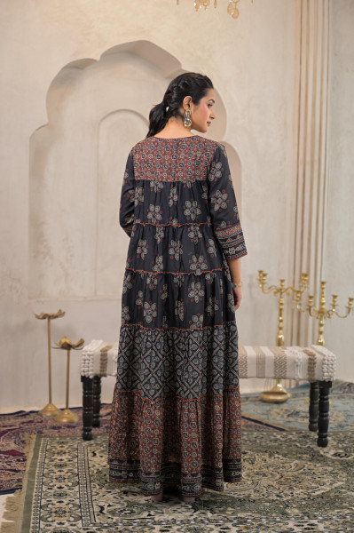 Black Manmade Fiber Ethnic Tiered Flared Longdress With Mirror & Thread Work