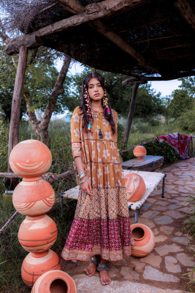 Mustard Embroidered Anarkali Long Dress with Tassels & Mirror Work